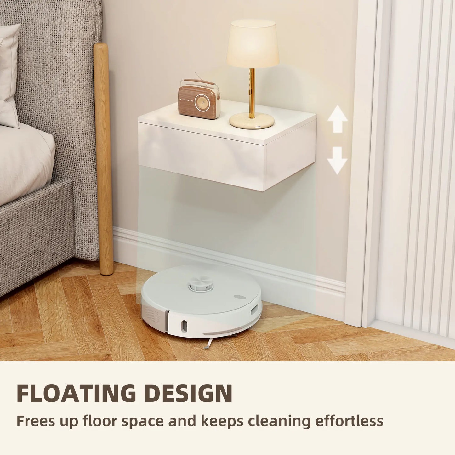 Set of 2 Wall Mounted Bedside Tables, High Gloss Floating Nightstands with Drawer, White Bedside Tables at Gallery Canada