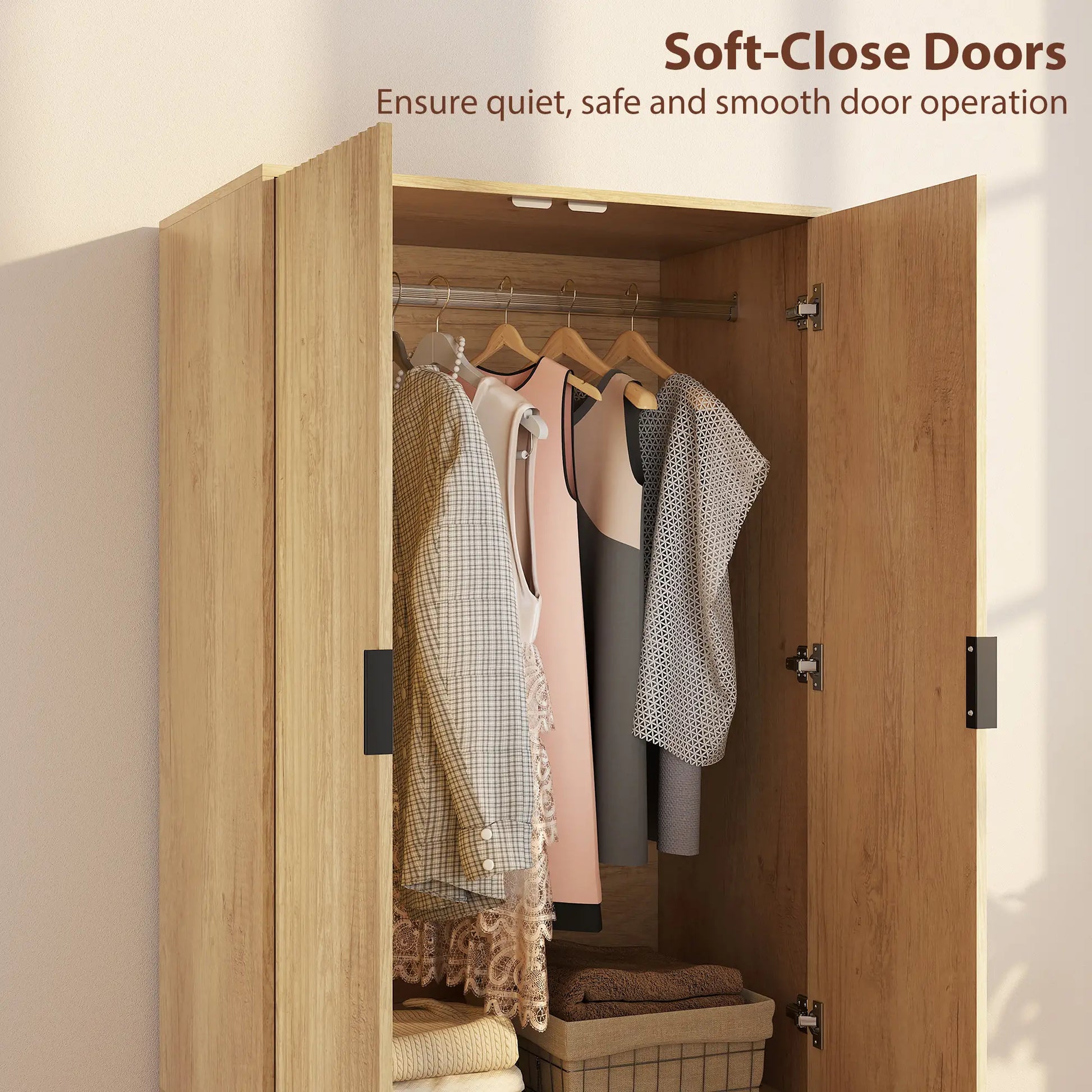 Modern Wardrobe Closet, Freestanding Armoire, 2 Drawers, Hanging Rod, Natural Clothing Storage at Gallery Canada
