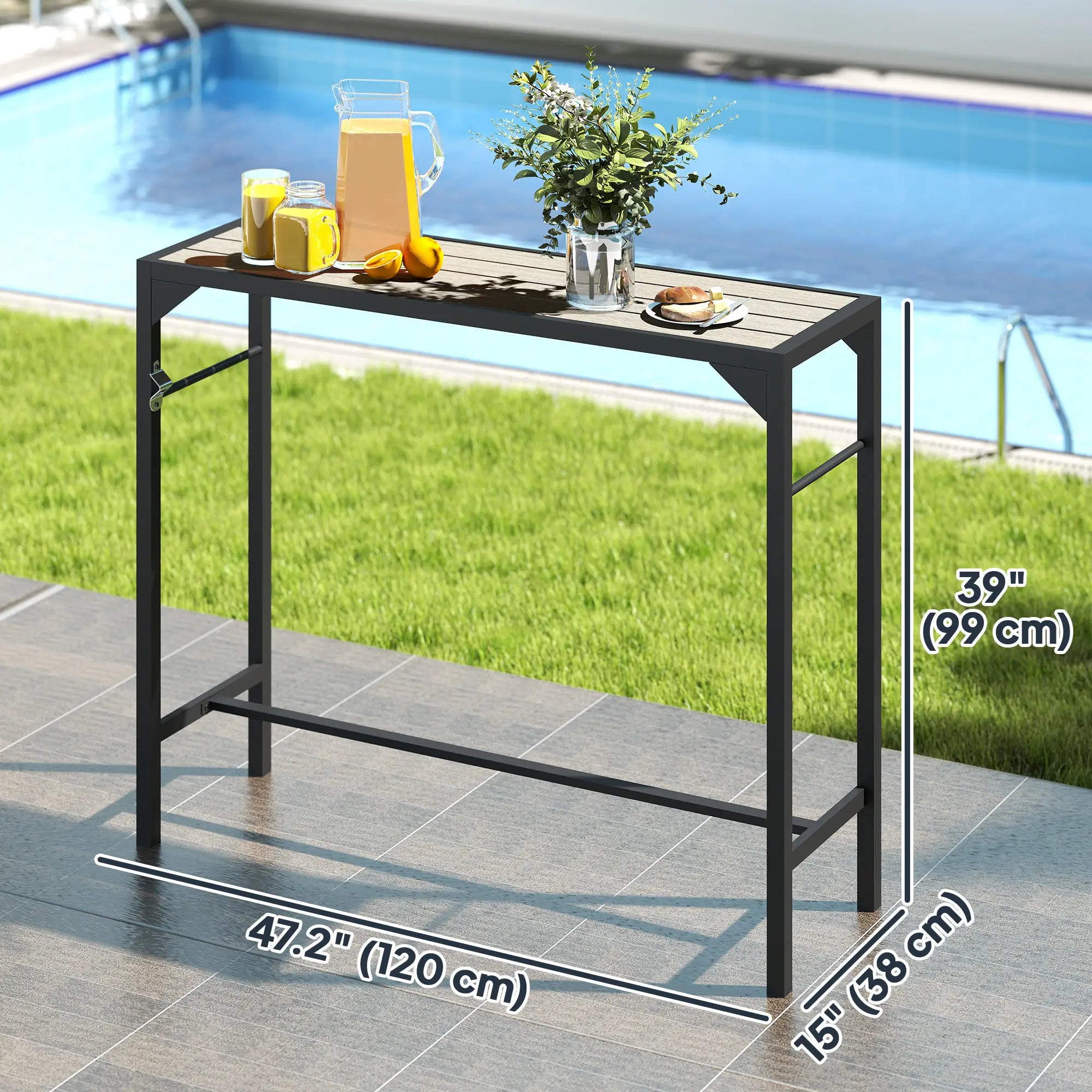 Bar Height Outdoor Table with Built-In Bottle Opener, Patio Bar Table with Wood Grain Plastic Top, 47.2