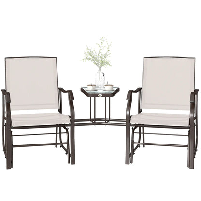 Double Patio Glider Chair With Glass Top Table, Beige
