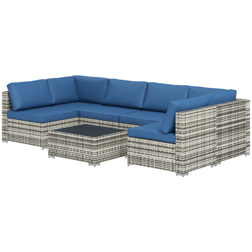 7pc Wicker Sectional Set, Tea Table, Rattan Sofa, Outdoor Furniture, Blue
