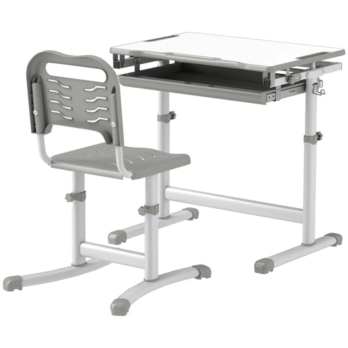 Adjustable Study Table and Chair Set, Drawer, Pen Slot, Grey