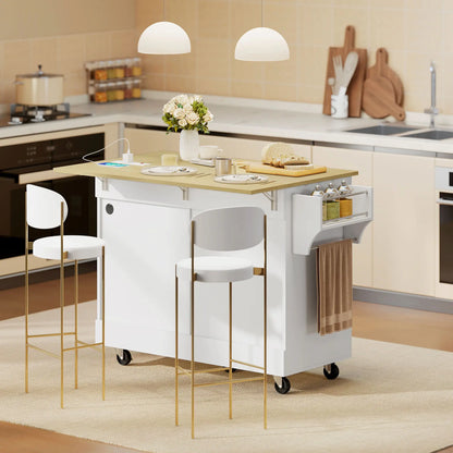 Kitchen Island Cart with Charging Station, Drop Leaf, Trash Can Cabinet, White Kitchen Islands & Kitchen Carts at Gallery Canada