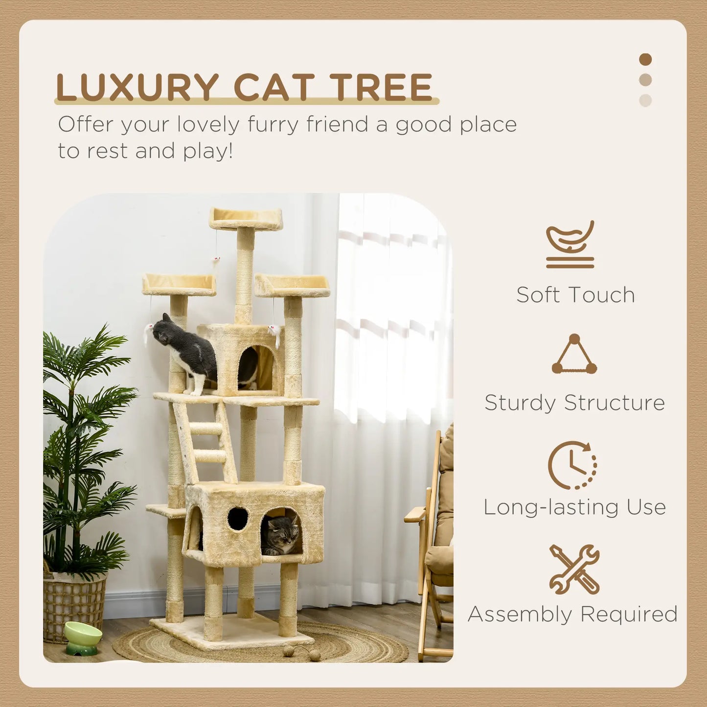 71-Inch Multi Level Cat Scratching Tree, Kitty Condo with Toys, Beige Cat Towers at Gallery Canada