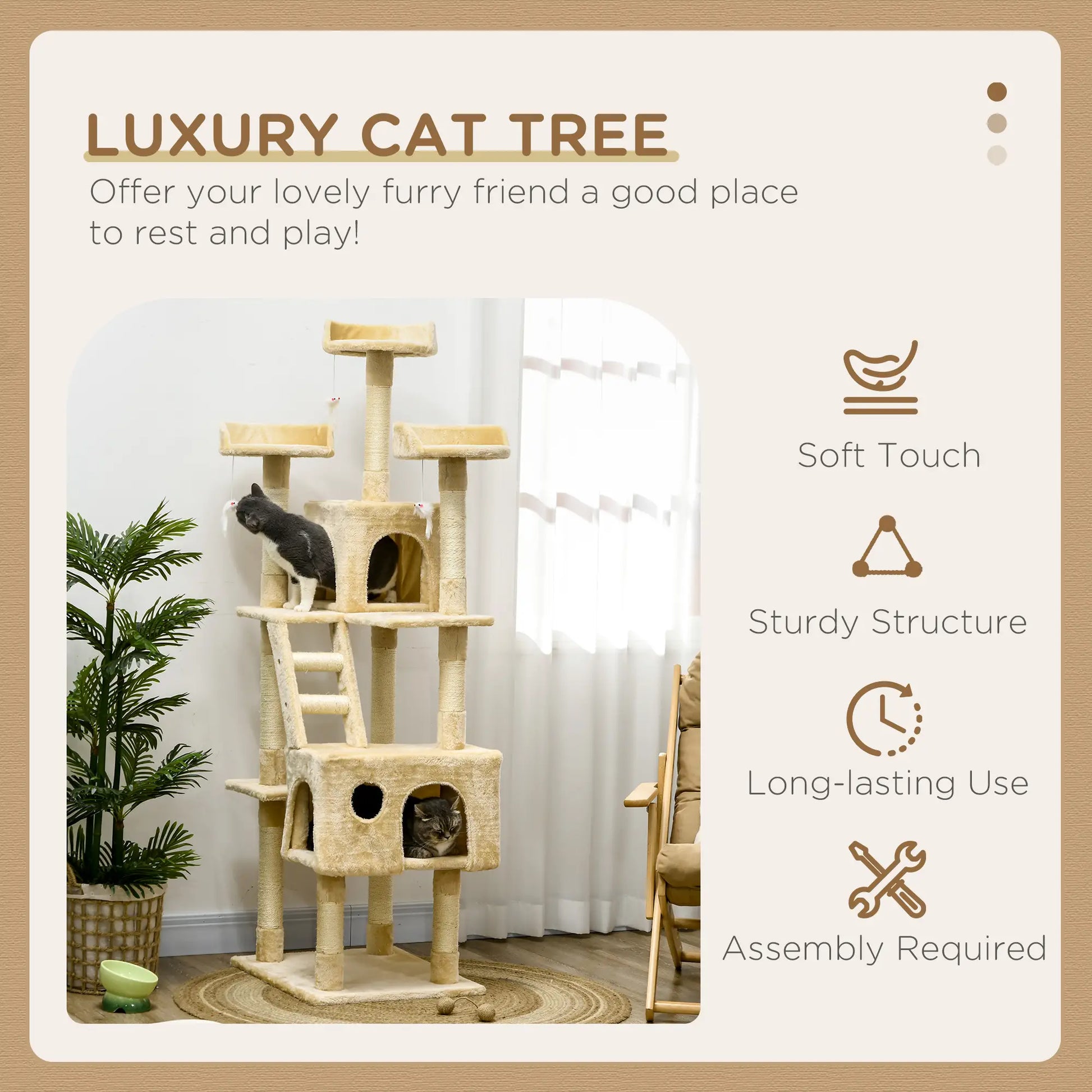 71-Inch Multi Level Cat Scratching Tree, Kitty Condo with Toys, Beige Cat Towers at Gallery Canada