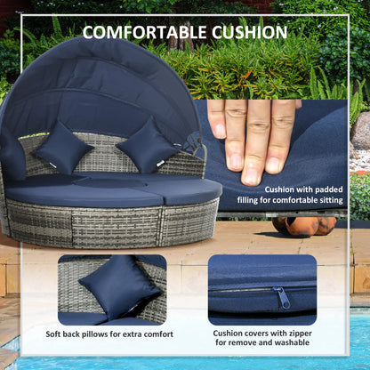 Outdoor Daybed with Retractable Canopy, PE Rattan Wicker Round Sofa, Dark Blue Daybeds at Gallery Canada