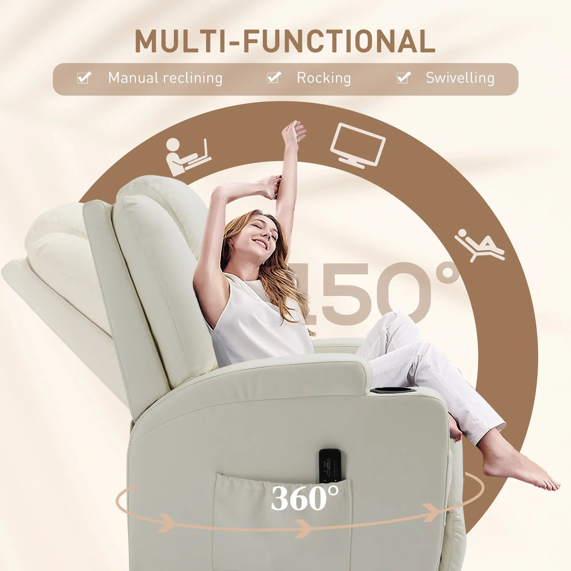 Massage Recliner Chair, Swivel Rocker, 8 Vibration Points, PU Leather, Cream White Massage Chairs at Gallery Canada