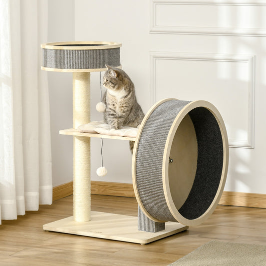 35.8" Cat Tree Kitty Tower with Scratching Posts Running Wheel Cat Bed Cushions Hanging Ball, Natural - Gallery Canada