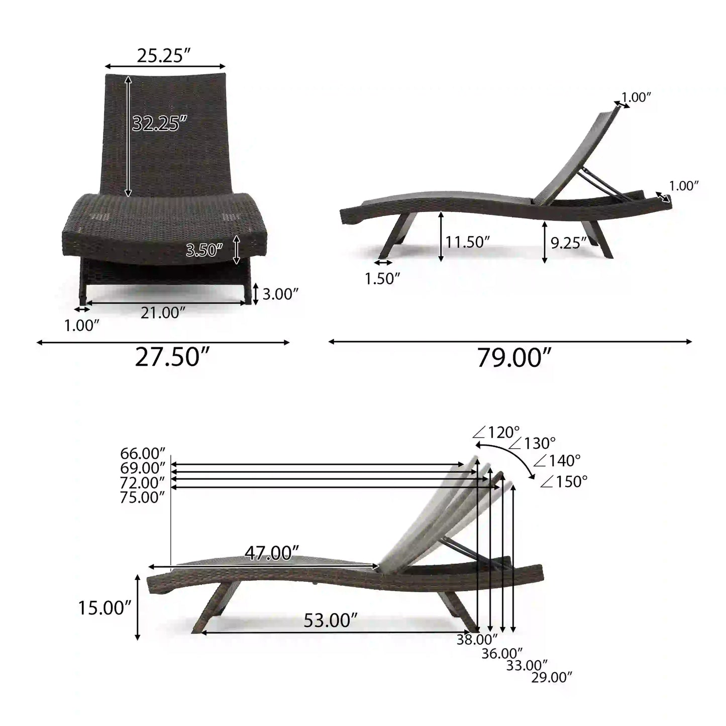 Wicker Chaise Lounge, Adjustable Backrest, Foldable, 79" L x 27.5" W x 38" H, Light Grey Lounger Chairs at Gallery Canada
