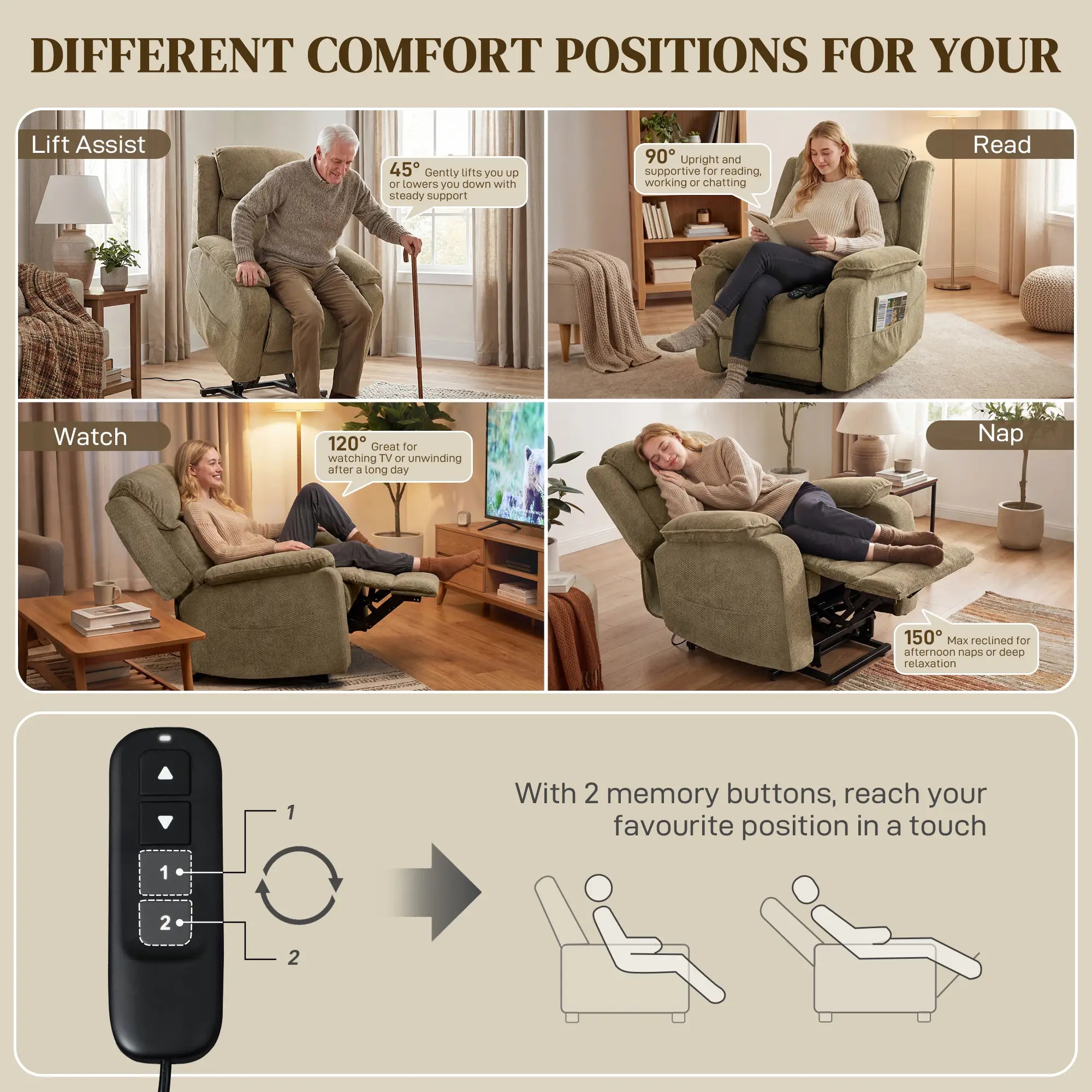 Power Recliner Chair, Massage, Electric Lift, 2 Memory Positions, Brown Electric Power Lift Chairs at Gallery Canada