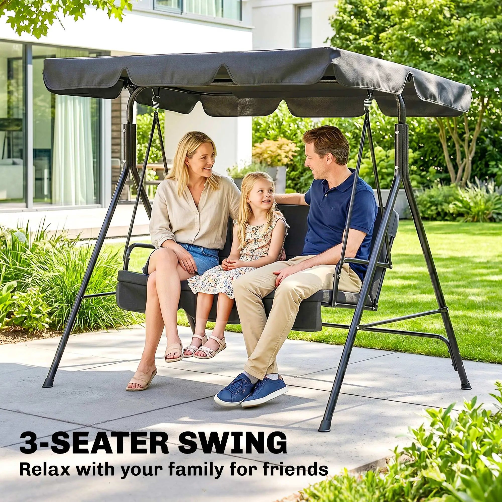 3-Seater Outdoor Porch Swing, Adjustable Canopy, Black Patio Swings with Stand at Gallery Canada