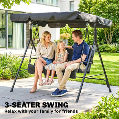 3-Seater Outdoor Porch Swing, Adjustable Canopy, Black Patio Swings with Stand at Gallery Canada