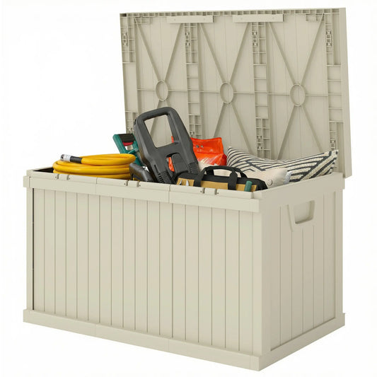 70 Gallon Resin Deck Box, Waterproof Outdoor Storage Container Patio Storage Boxes Sand Colour at Gallery Canada