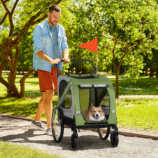 Dog Bike Trailer, 2-in-1 Dog Wagon Pet Stroller for Travel with Universal Wheel Reflectors Flag, for Small and Medium Dogs, Green - Gallery Canada