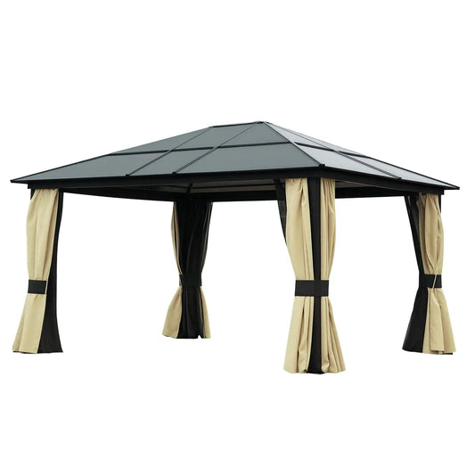 12' x 14' Hard Top Patio Gazebo, Aluminum Shelter, Curtains, Mosquito Netting Gazebos Brownish black frame, Dark brown roof, Beige curtain, black netting at Gallery Canada