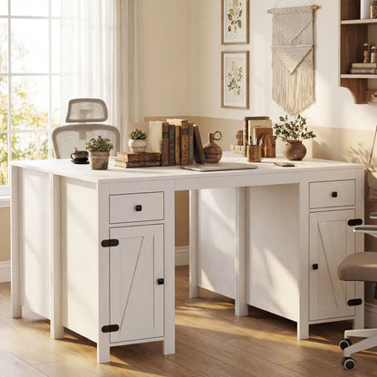 53" Farmhouse Executive Desk, White Wood Grain, Computer Desk With Drawers, White Writing Desks at Gallery Canada