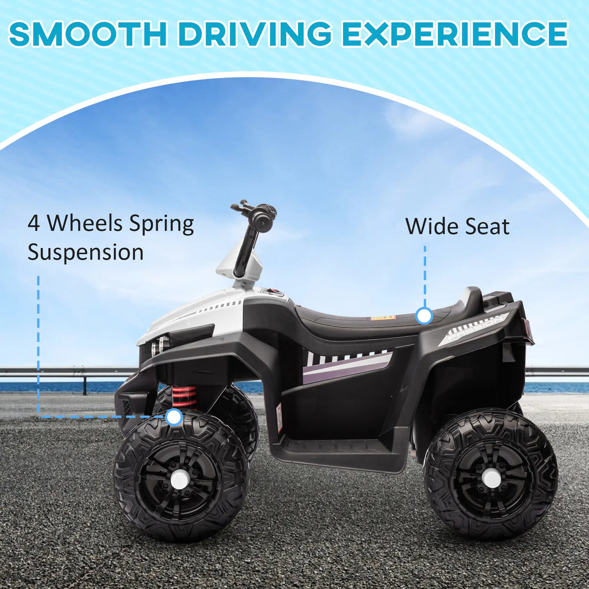 12V Kids ATV, Four Wheels, Spring Suspension, LED Light, MP3, White