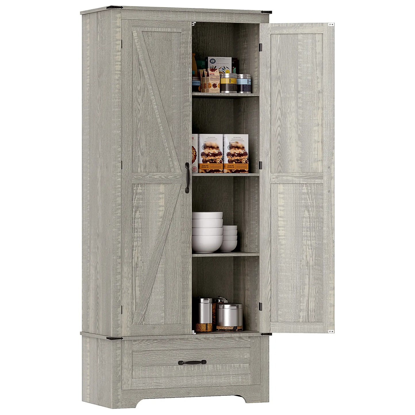 72" Farmhouse Pantry Cabinet, Adjustable Shelves, 2 Doors, Distressed, Light Grey Storage Cabinets at Gallery Canada