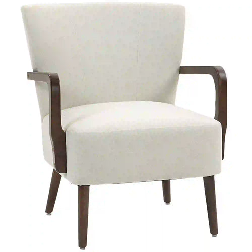 Accent Chair, Wooden Legs, Linen Fabric, Thick Padding, Cream White