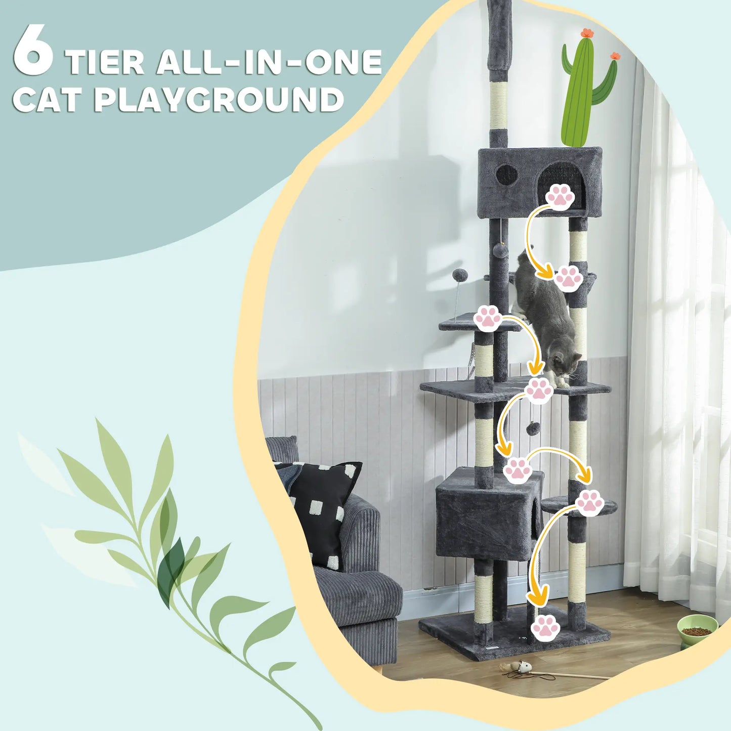 Floor To Ceiling Cat Tree, 230-250cm, 2 Condos, Hammock, Sisal Posts, Dark Grey