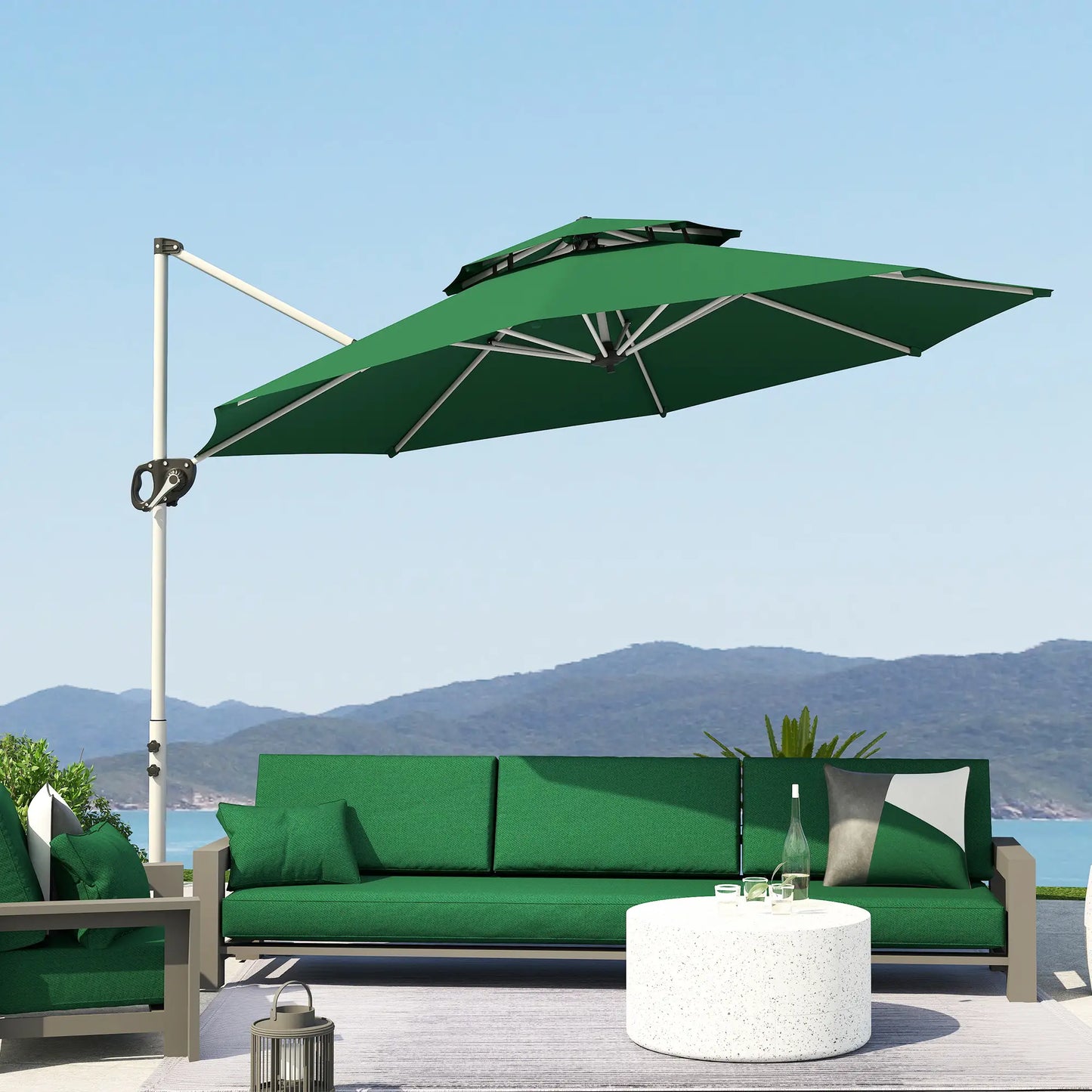 10 FT Cantilever Patio Umbrella, 360° Rotation, Adjustable Height, Dark Green Offset Cantilever Umbrellas at Gallery Canada