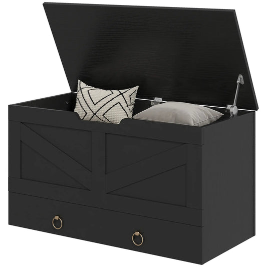 31.5 Inches Storage Chest, Wooden Box, Black Wood Grain, Black Storage Cabinets Black Wood Grain at Gallery Canada
