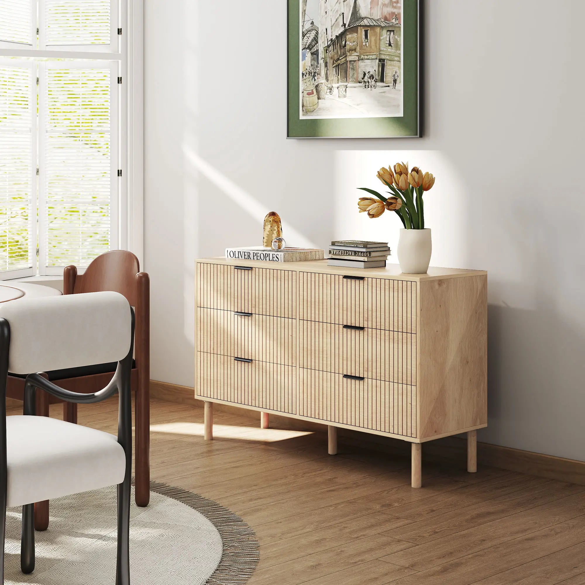 6 Drawer Dresser, Fluted Panels, Solid Wood Legs, Oak Storage Cabinets at Gallery Canada