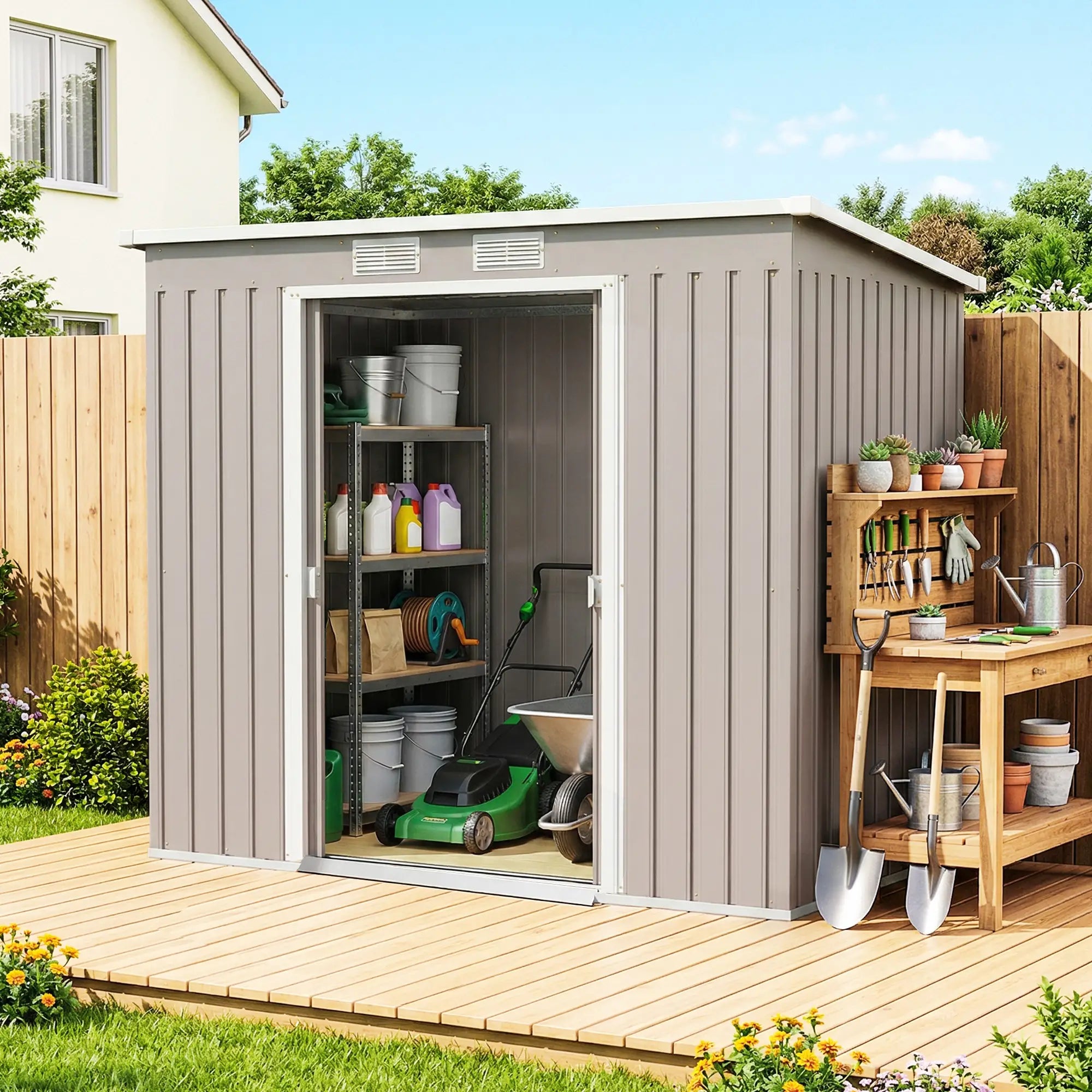 7' x 4' Galvanized Steel Garden Shed, Foundation Kit, Grey Sheds at Gallery Canada