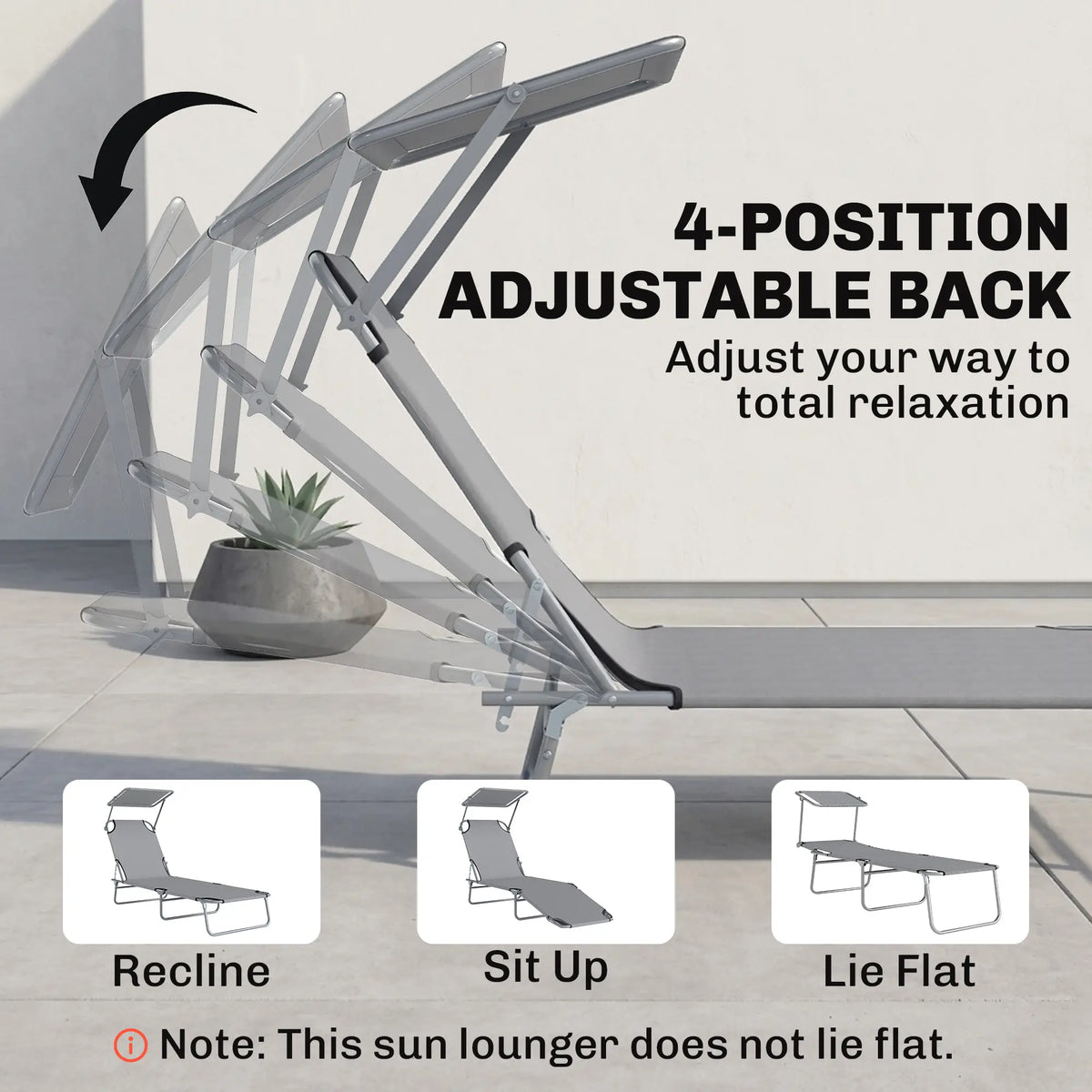 Outdoor Lounge Chair, Adjustable Folding Chaise, Sun Shade, Light Grey