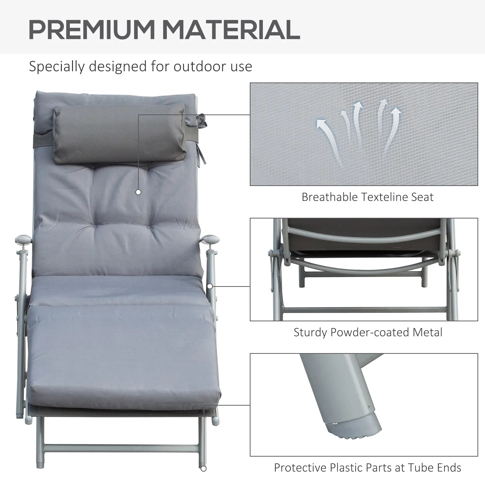 Outdoor Folding Chaise Lounge, Adjustable Backrest, Cushion, Headrest, Grey Lounger Chairs at Gallery Canada