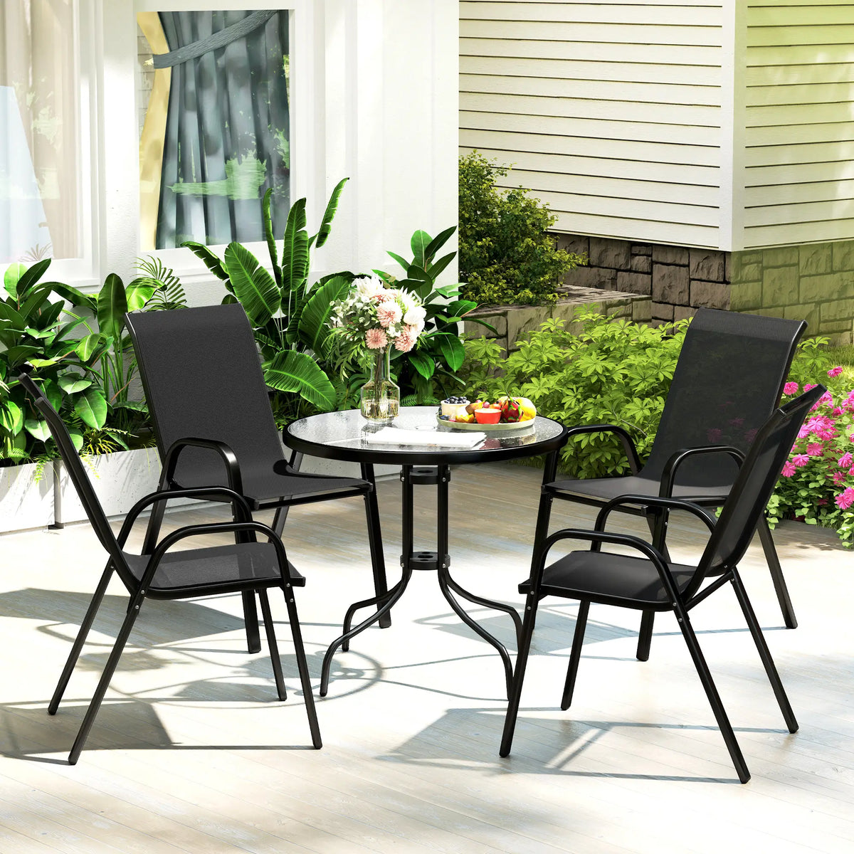Five-Piece Steel Patio Set, Glass-Top Table, Black