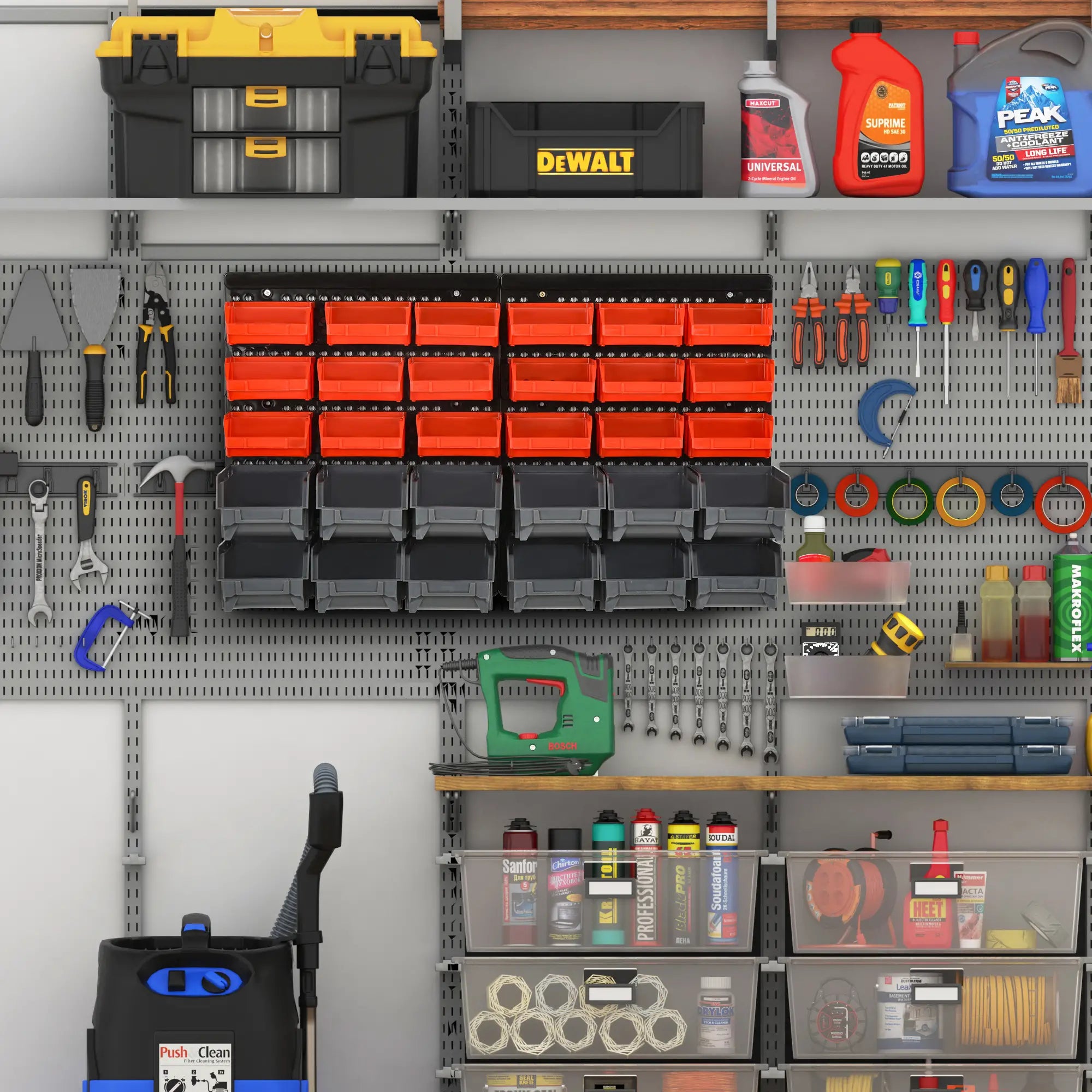 Wall Mounted Storage Bin Rack, 30 Bins, Pegboard, Garage Workshop, Red Tool Organizers at Gallery Canada