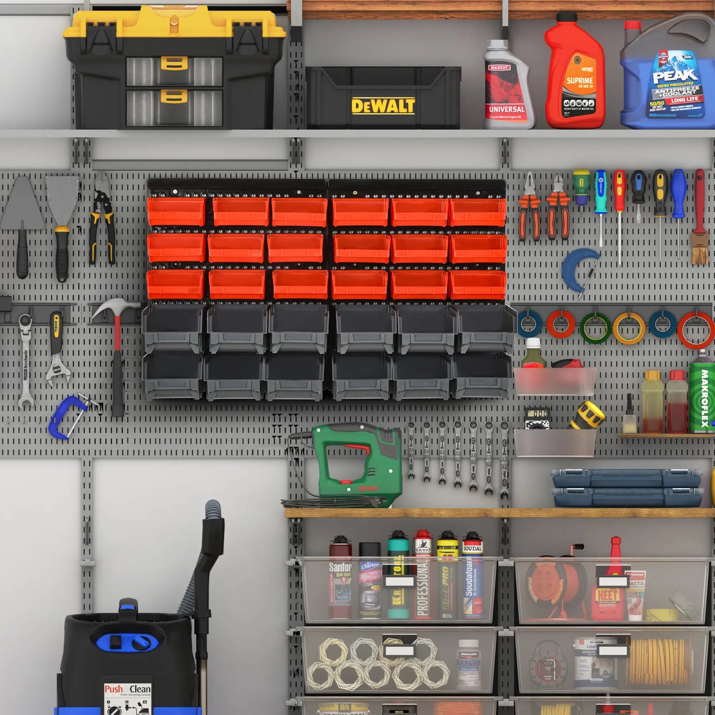 Wall Mounted Storage Bin Rack, 30 Bins, Pegboard, Garage Workshop, Red Tool Organizers at Gallery Canada