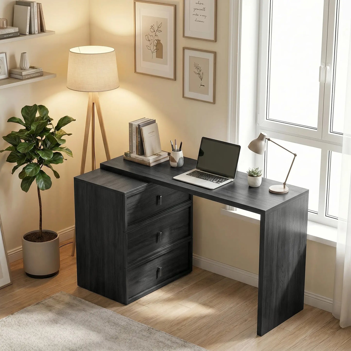 L-Shaped Computer Desk, 3 Drawers, Black Wood Grain, Black Computer Desks at Gallery Canada