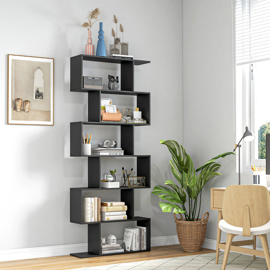 76" 6-Tier Wooden Bookcase S Shaped Storage Display Shelf Modern Bookshelf Open Concept Living Room Home Office Furniture, Black - Gallery Canada