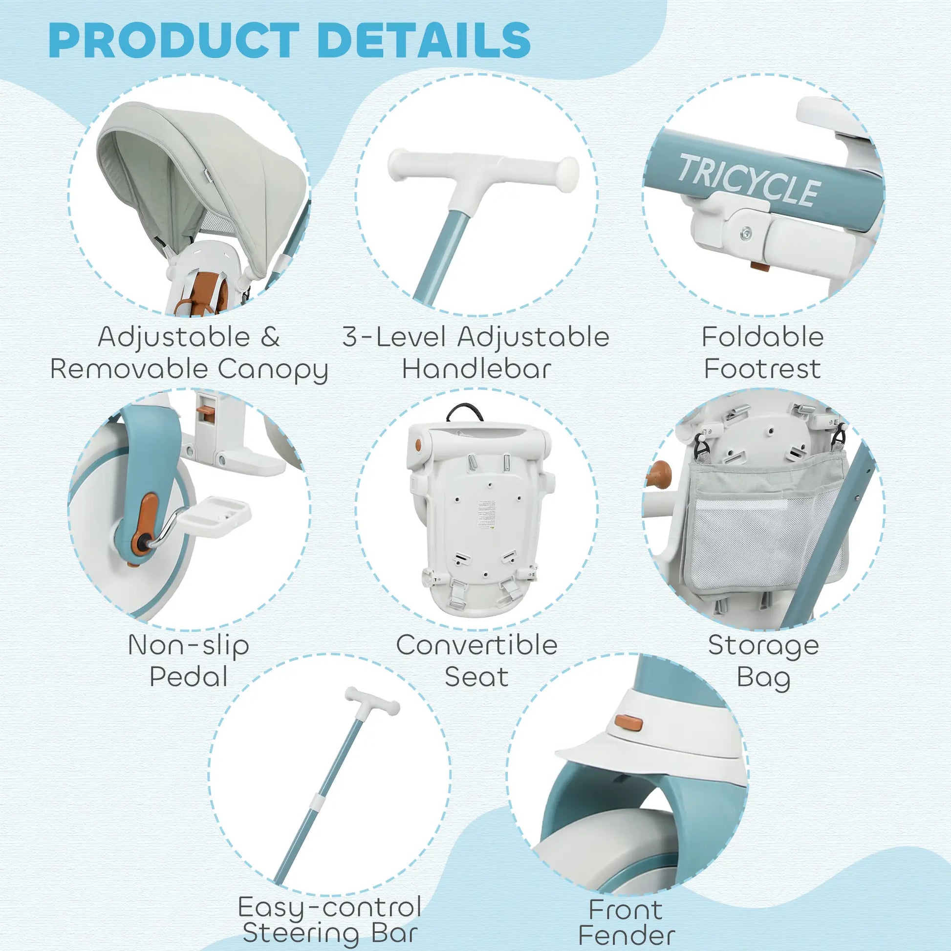 7 in 1 Toddler Tricycle, Adjustable Parent Handle, Canopy, Storage Bag, Brake, Blue Tricycles for Kids at Gallery Canada