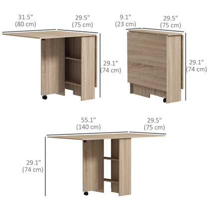 Extendable Dining Table, Collapsible w/ 2-Tier Shelves, Rolling Casters, Nature Wood Dining Tables at Gallery Canada