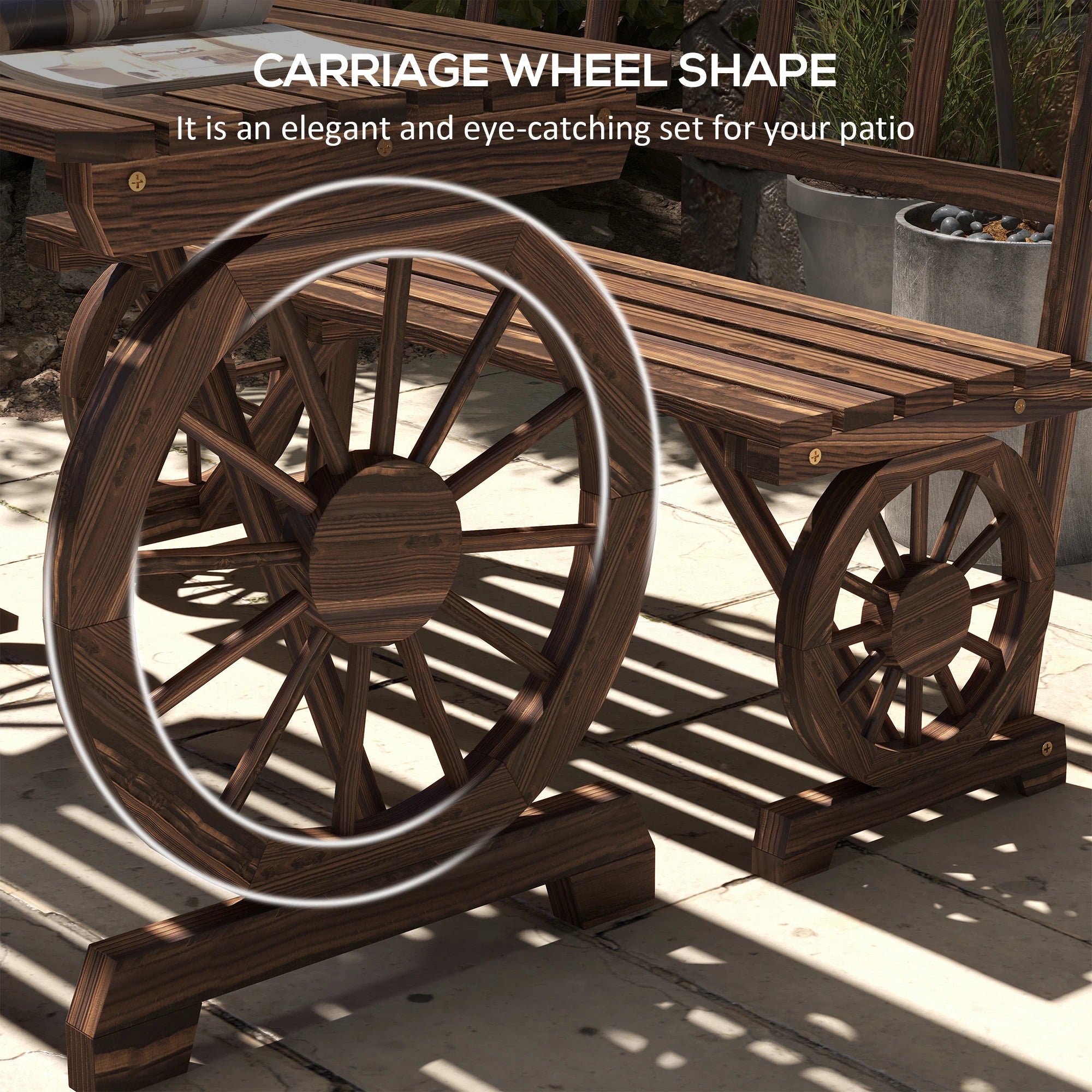 Wooden Patio Table and Chairs, 3-Piece, Carriage Wheels, Carbonized Bistro Sets at Gallery Canada
