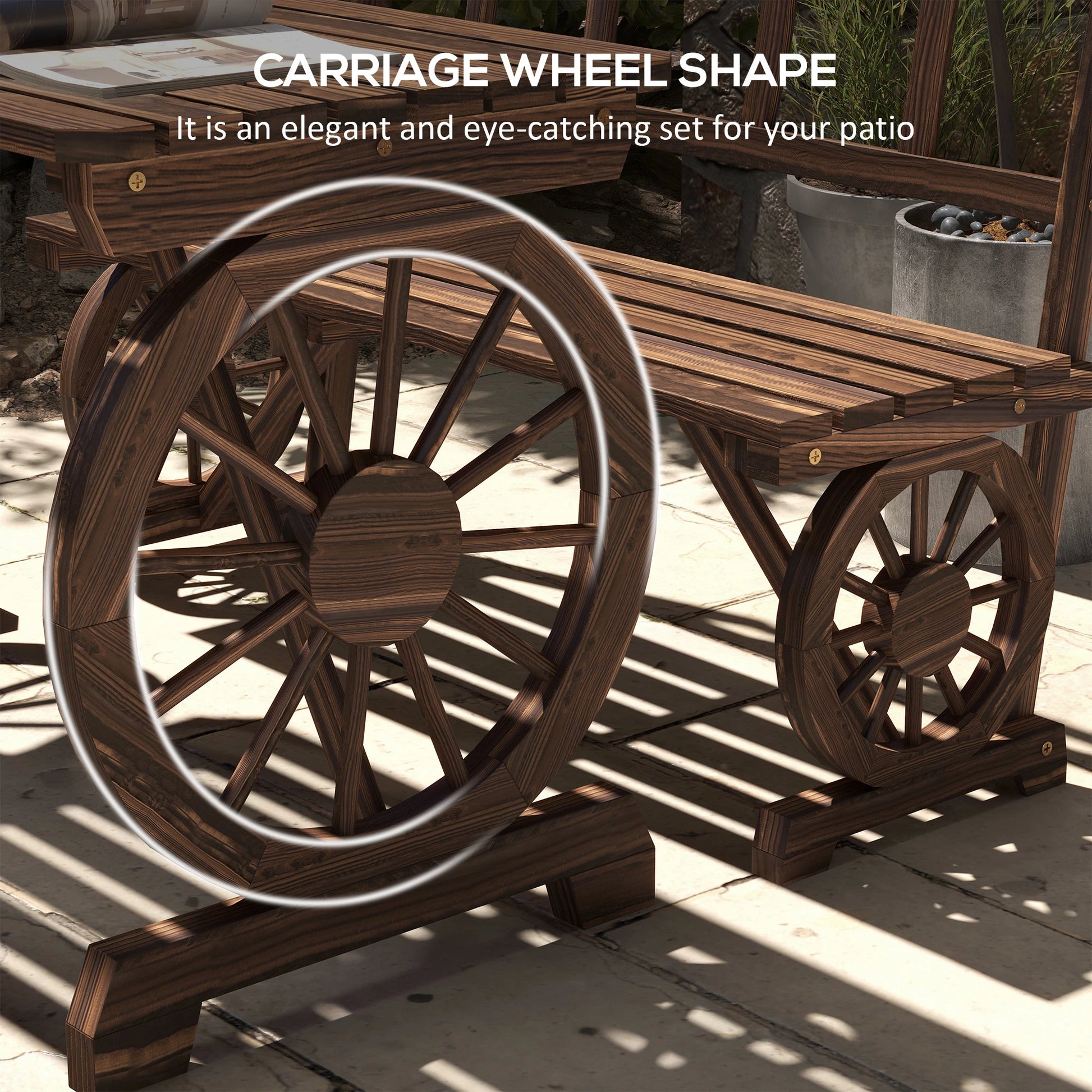 Wooden Patio Table and Chairs, 3-Piece, Carriage Wheels, Carbonized Bistro Sets at Gallery Canada