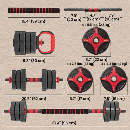 Ensemble d'haltères ajustables 5 en 1 55 lbs, Noir et Rouge