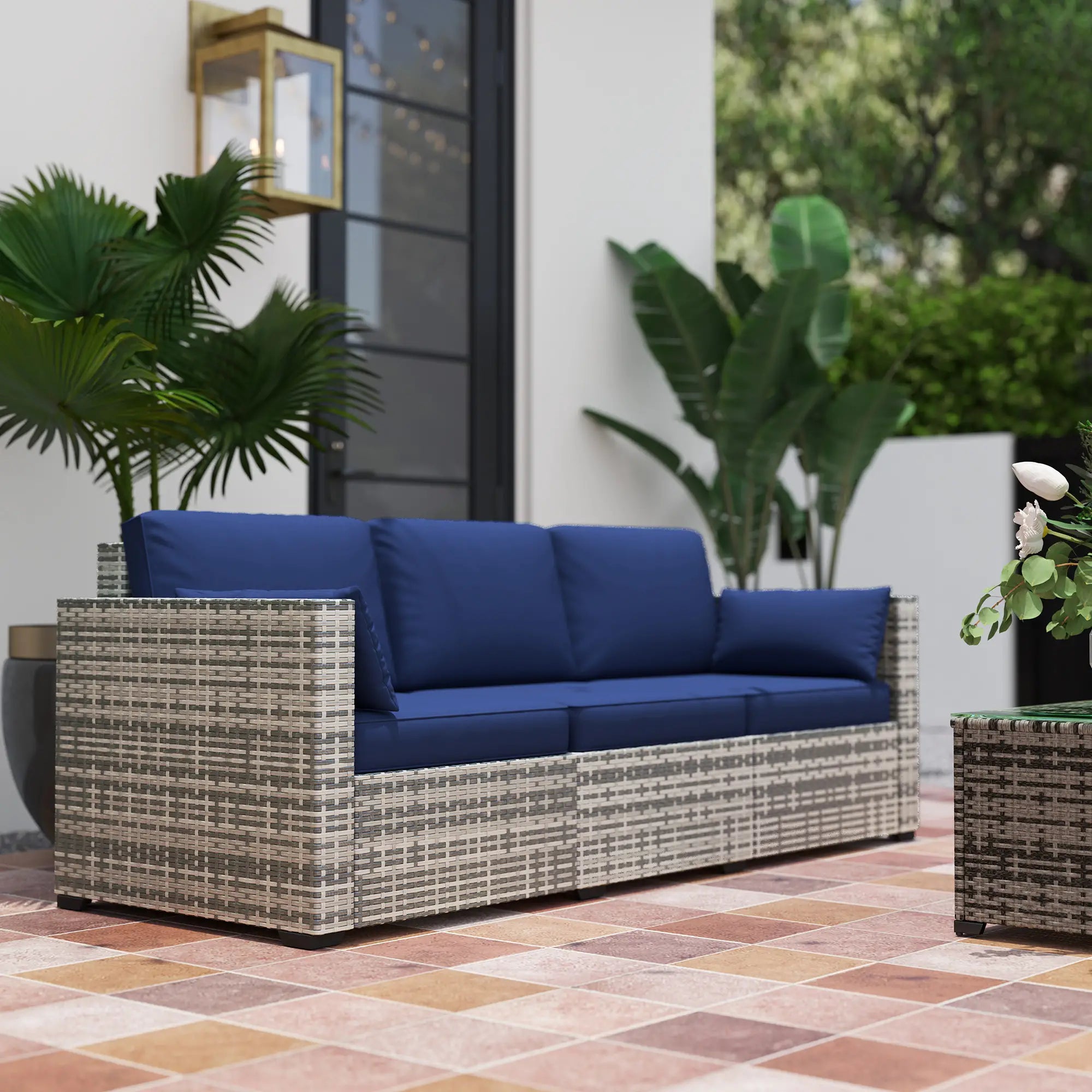 3-Seater Outdoor Sofa with Cushions, PE Rattan, Dark Blue Patio Furniture Sets at Gallery Canada