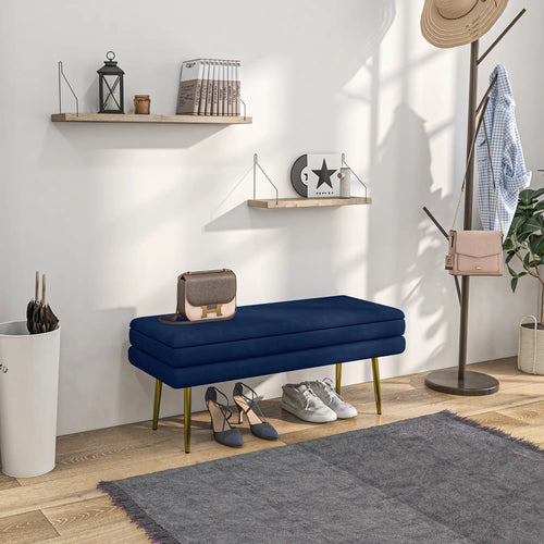 Velvet Upholstered Bench, Thick Padded Seat, Steel Legs, Dark Blue