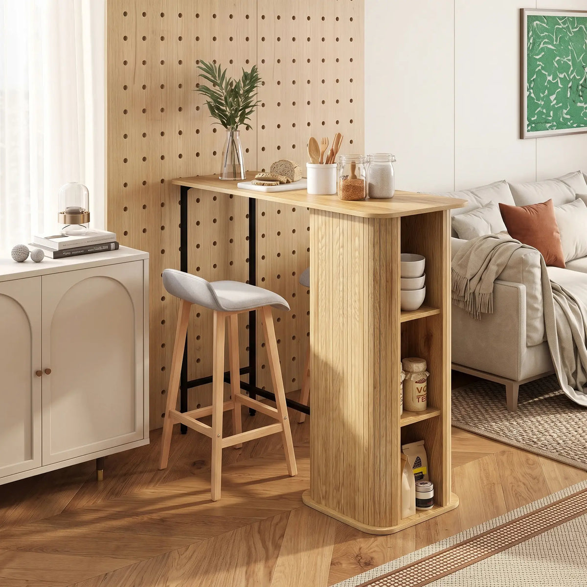 Tambour Bar Height Table, 3 Storage Shelves, Metal Frame, Natural Bar Tables at Gallery Canada