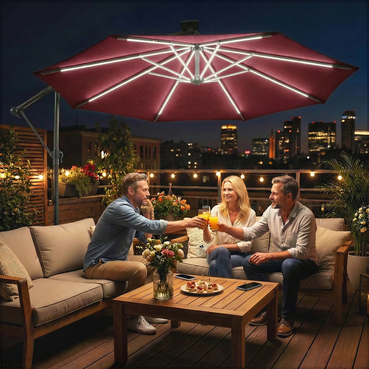 10 ft Offset Patio Umbrella, Solar Light, 360° Rotation, Tilt, Wine Red Offset Cantilever Umbrellas at Gallery Canada