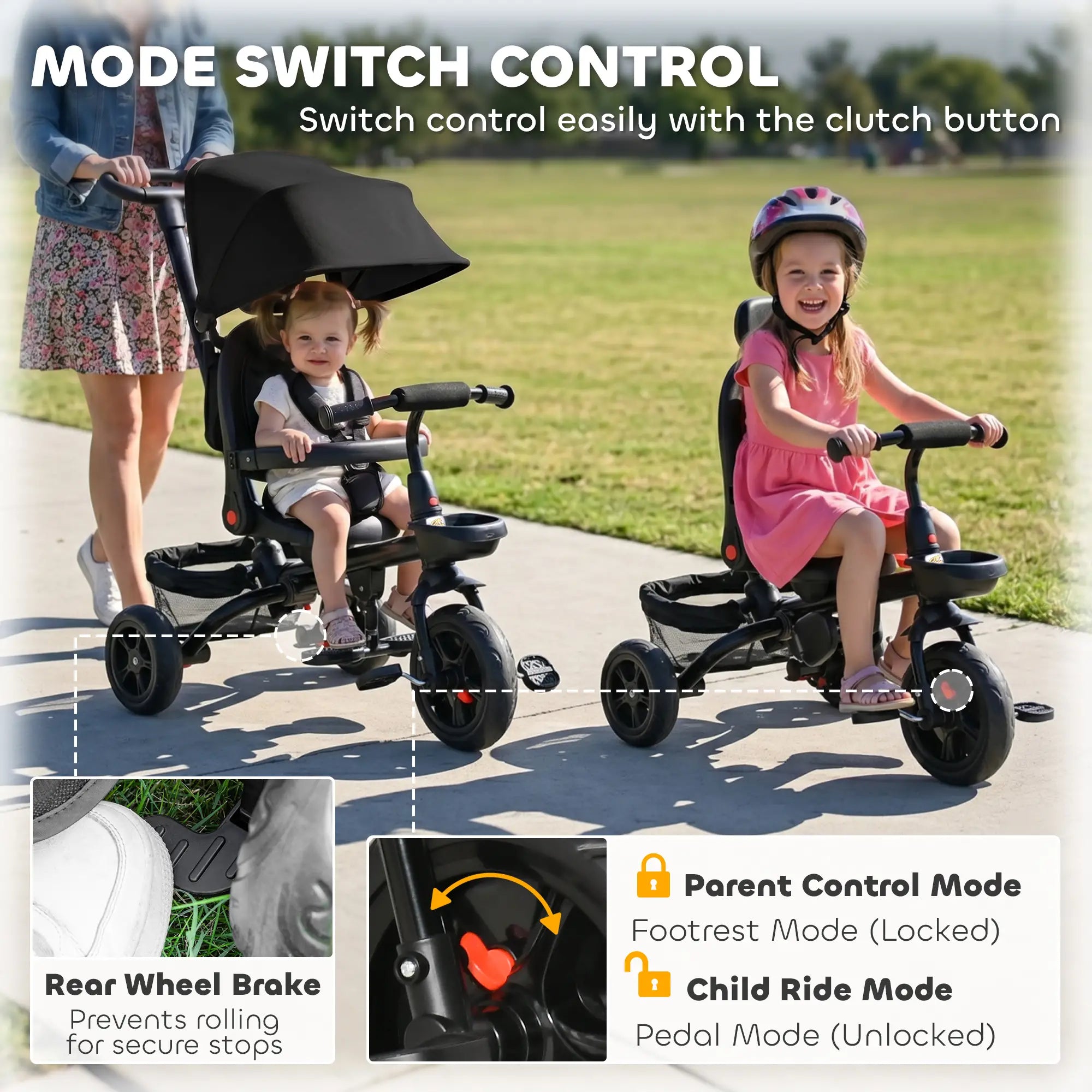 Toddler Tricycle, 4 in 1 Kids Trike, Adjustable Seat, Removable Handle, Black Tricycles for Kids at Gallery Canada