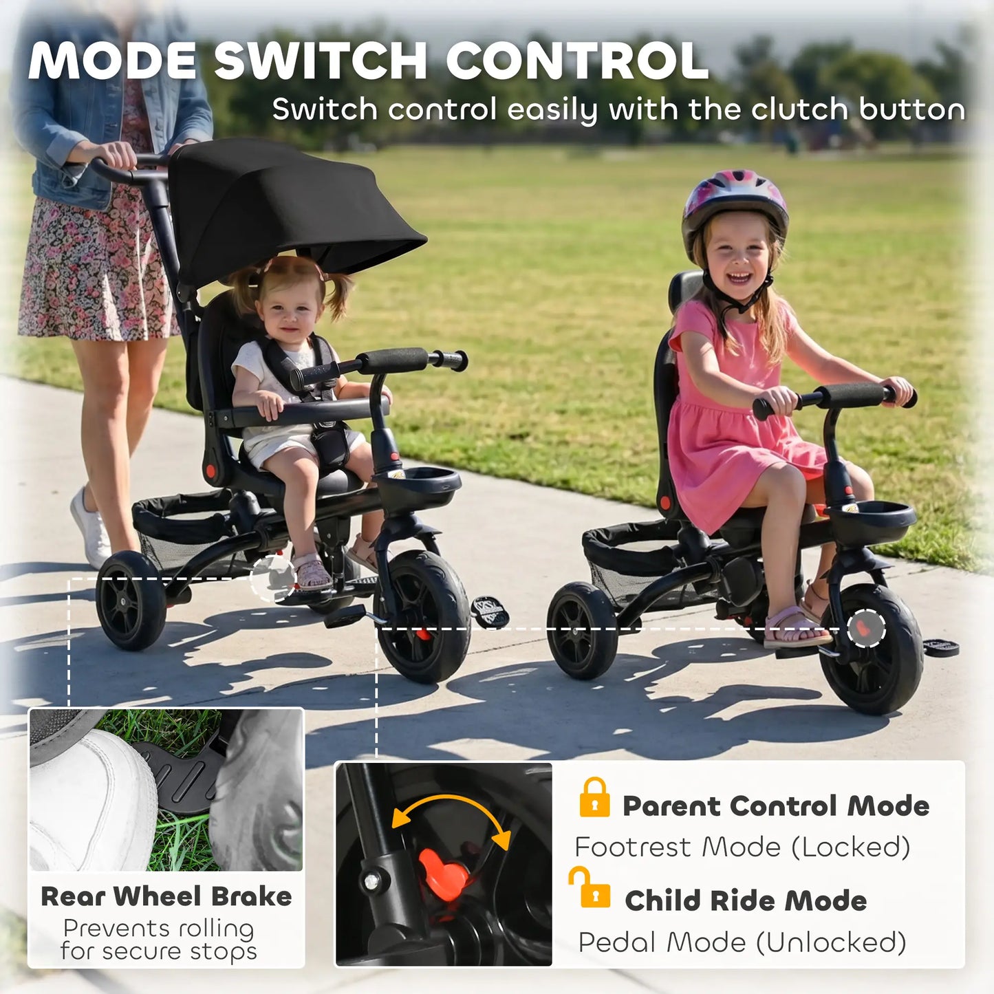 Toddler Tricycle, 4 in 1 Kids Trike, Adjustable Seat, Removable Handle, Black Tricycles for Kids at Gallery Canada