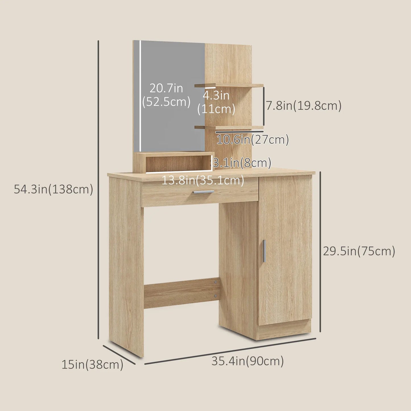 Vanity Table with Mirror, Drawer, Storage Shelves, 35.4 x 15 x 54.3 Inches, Natural Wood Dressing & Vanity Tables at Gallery Canada
