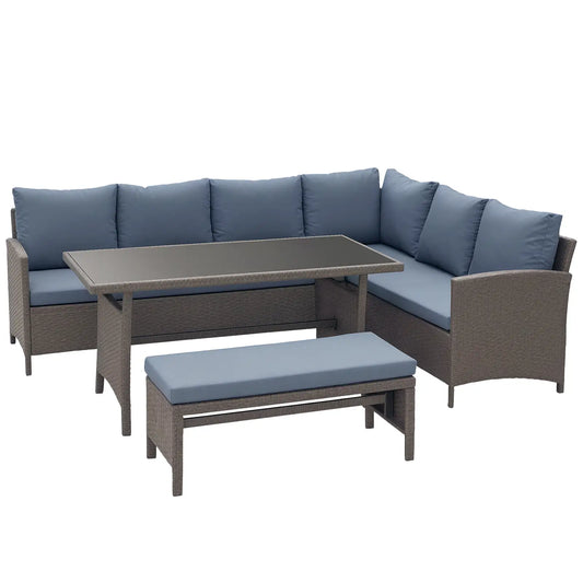 4 Piece Outdoor Rattan Dining Table, Bench, Patio Furniture Patio Furniture Sets Grey at Gallery Canada