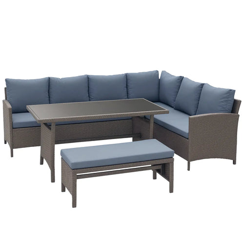 4 Piece Outdoor Rattan Dining Table, Bench, Patio Furniture