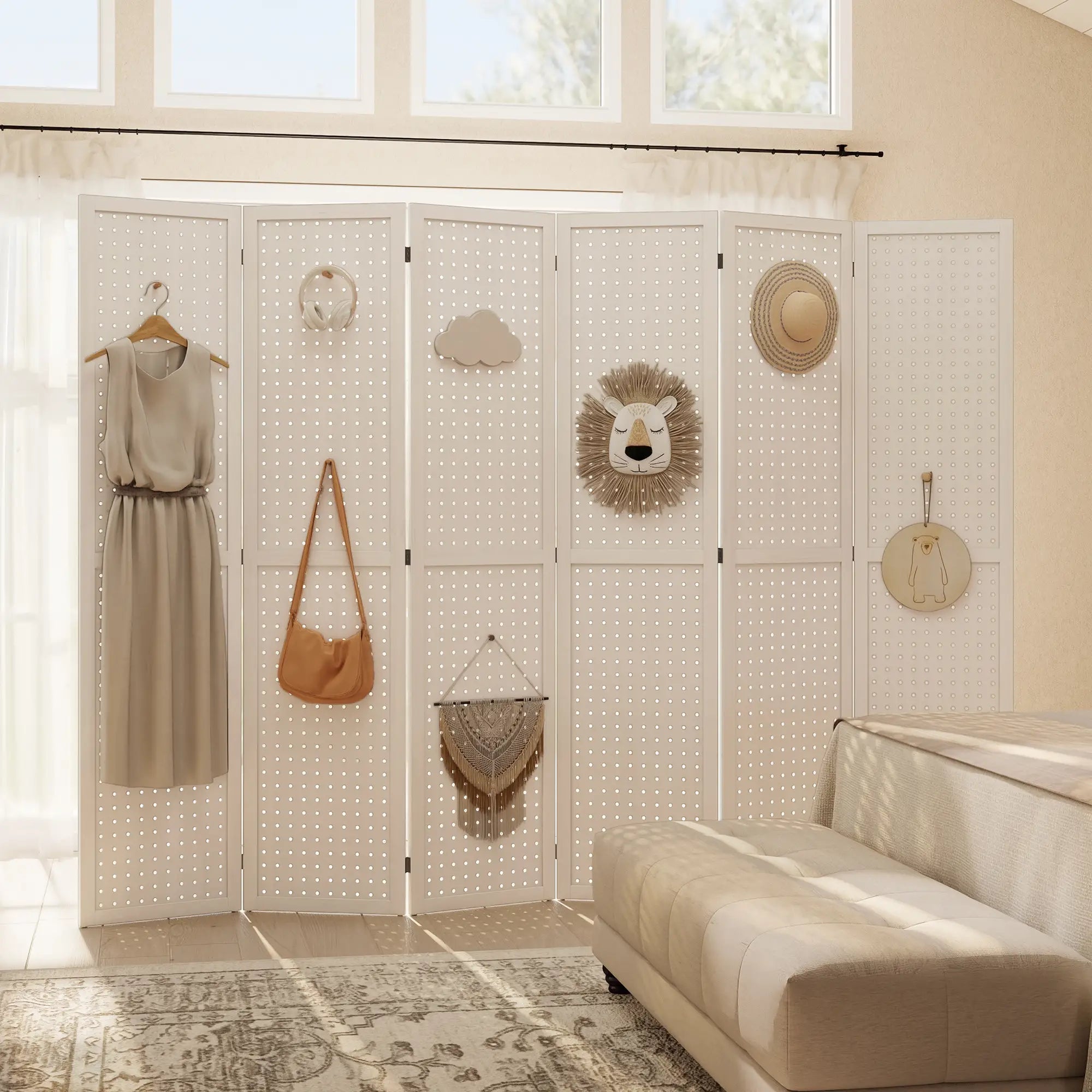 5.6 Ft. 6-Panel Room Divider, Pegboard Privacy Screen, White Room Dividers at Gallery Canada